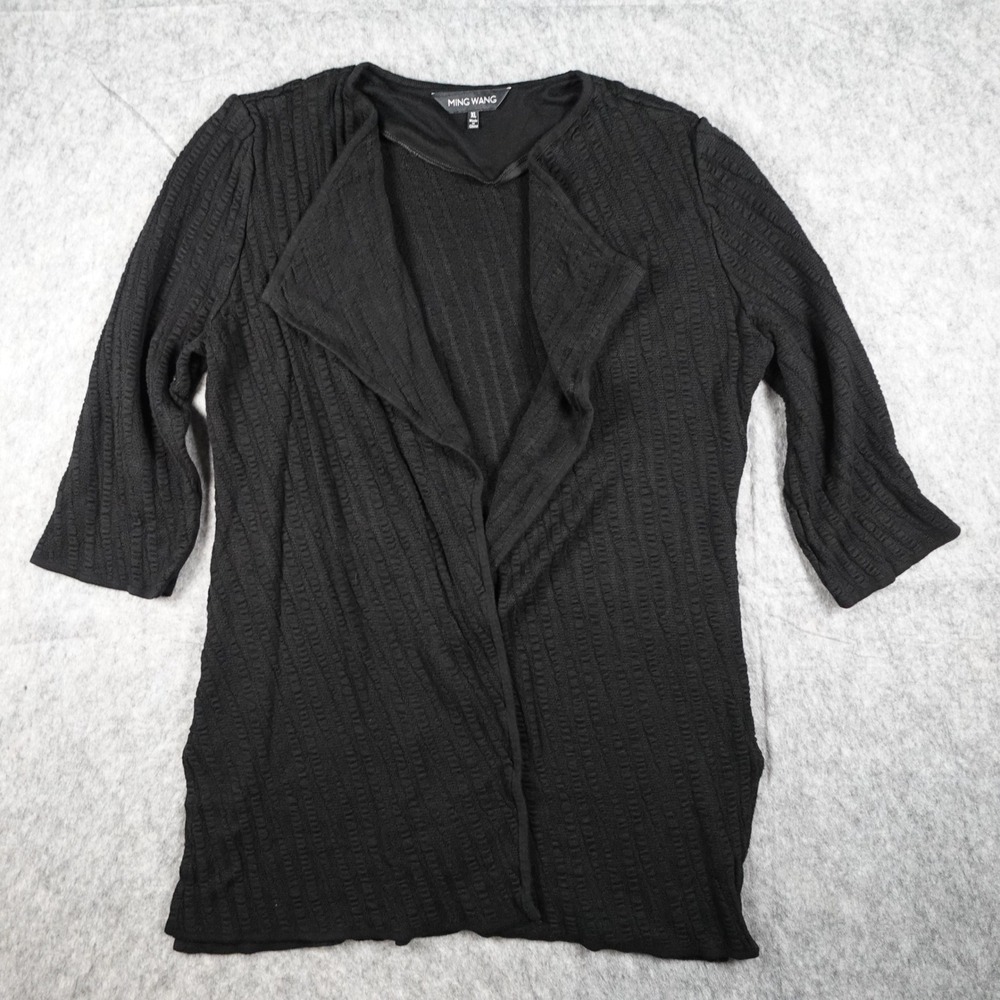 Ming Wang Cardigan Women Extra Large Black Textured Open Front Drape‎ Waterfall